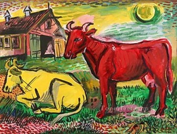 Animal Painting - red and yellow cows 1945 cattle animal